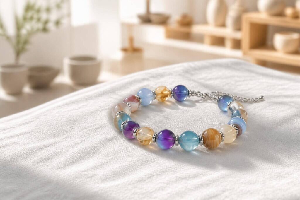 Photographie haut de gamme d'un bracelet pierre qui change de couleur avec des perles thermochromiques et des pierres naturelles comme la citrine et l'agate, sur une surface en lin blanc texturé.
