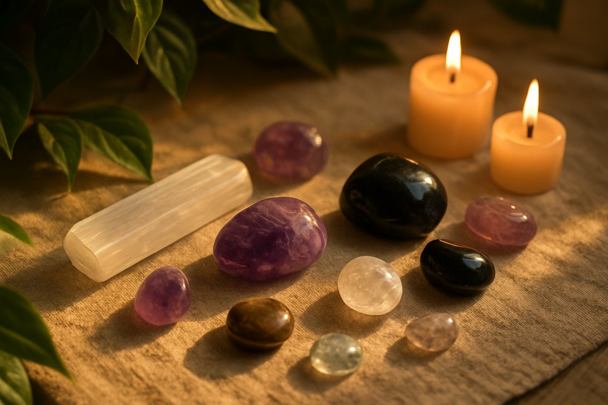 Image d'améthyste, sélénite et obsidienne
