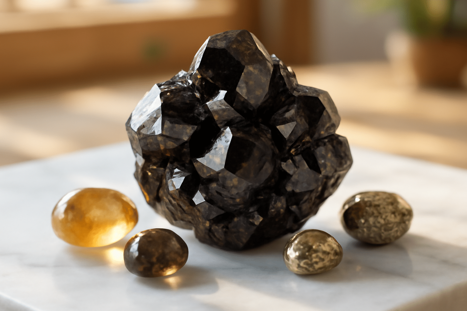Sphalérite-Citrine-Quartz fumé-Pyrite