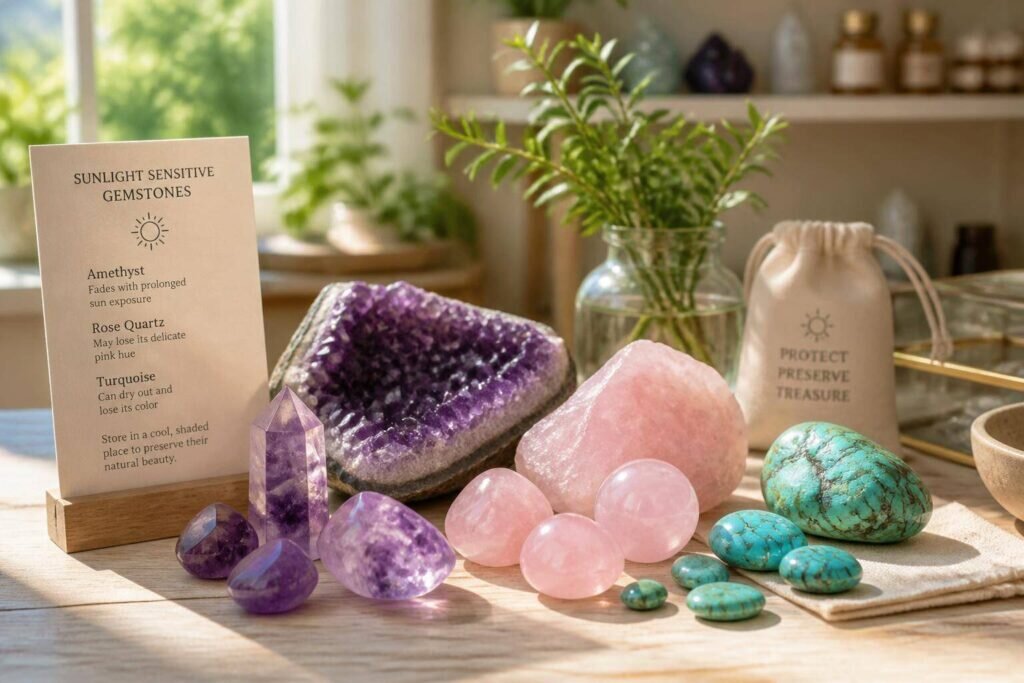 Une magnifique présentation de pierres précieuses telles que l'améthyste, le quartz rose et la turquoise, qui craignent le soleil, sur une surface en bois clair, illuminée par une lumière naturelle douce.