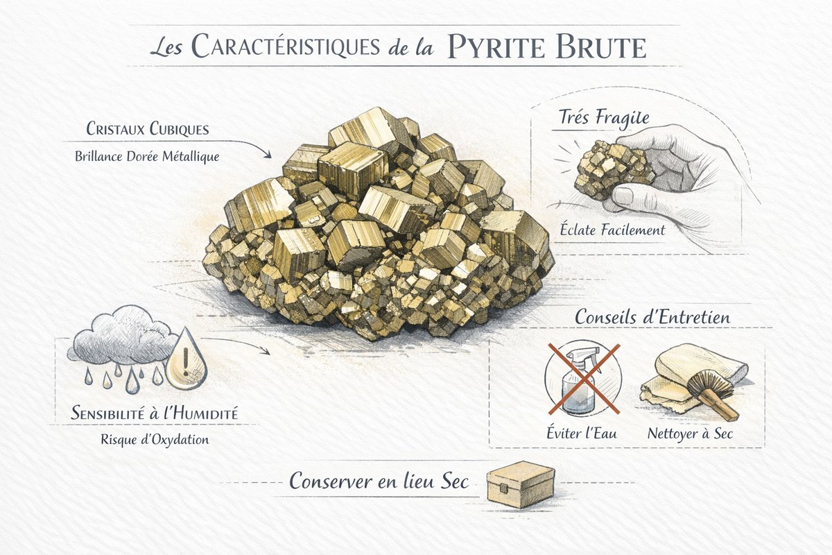 Pyrite brute incroyable : propriétés énergisantes et bienfaits Infographie sur les caractéristiques de la pyrite brute