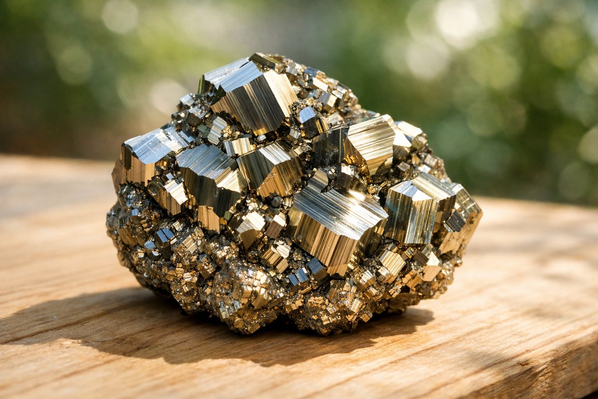 Pyrite brute incroyable : propriétés énergisantes et bienfaits Pyrite brute sur cristal de bois