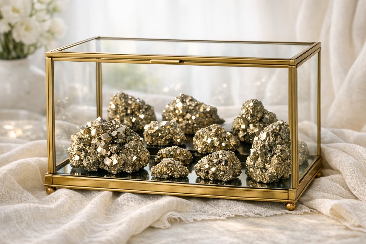 Pyrite brute incroyable : propriétés énergisantes et bienfaits Pyrite brute dans une vitrine en verre