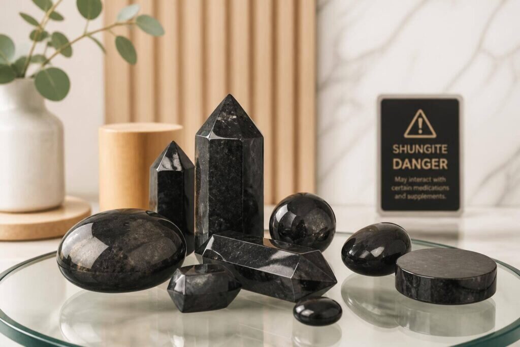 Une image photo-réaliste de haute qualité montre un bel agencement de pierres de shungite polies sur une surface en verre, illuminée par une lumière naturelle douce, soulignant la beauté naturelle des pierres tout en évoquant subtilement le danger potentiel de la shungite.
