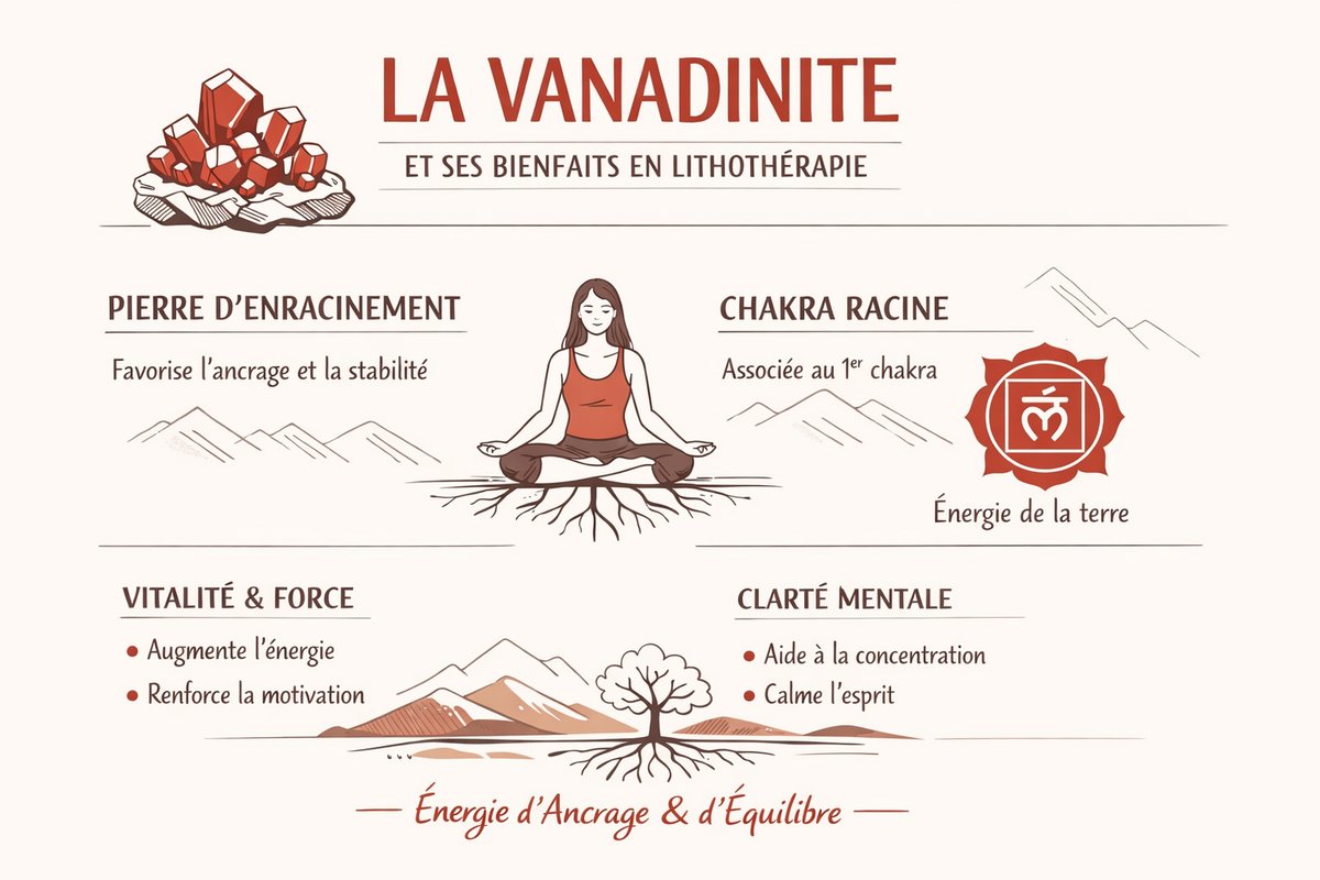 Vanadinite vertus : découvrez ses incroyables bienfaits Infographie sur la vanadinite et le chakra