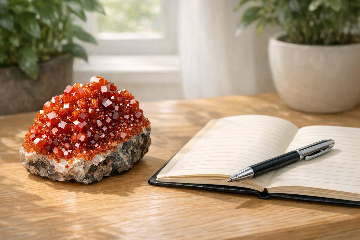 Vanadinite vertus : découvrez ses incroyables bienfaits Vanadinite sur un bureau pour la sérénité