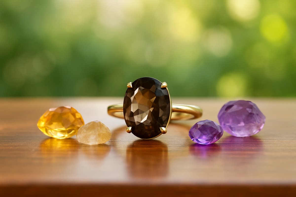 Bague en quartz fumé avec citrine et améthyste