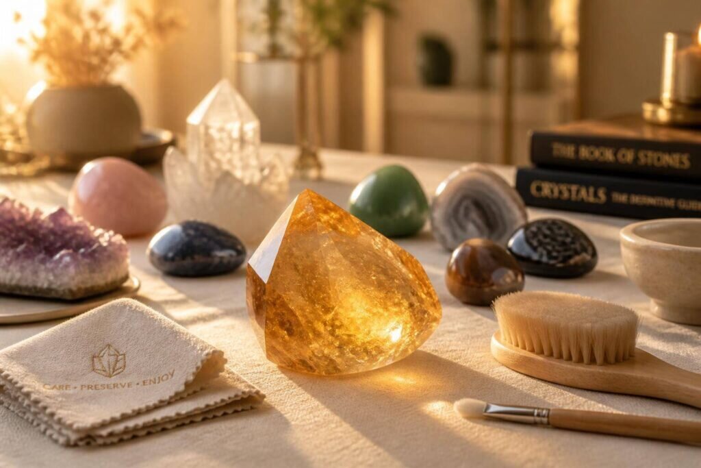 Comment nettoyer une pierre ternie sans l’abîmer et raviver son éclat Admirez comment nettoyer une pierre ternie en observant une disposition sereine de pierres naturelles, avec un citrine élégant sous une lumière dorée.