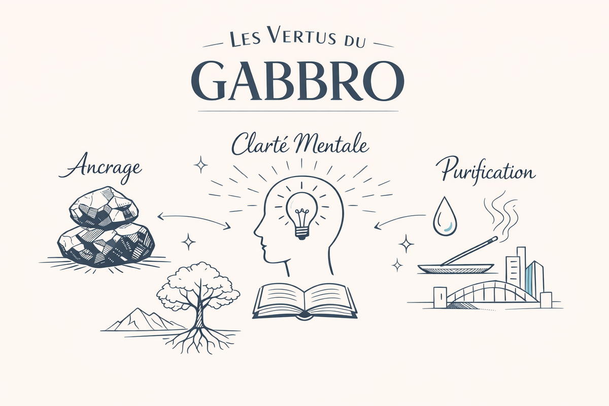 Gabbro vertus : découvrez ses incroyables bienfaits en lithothérapie Infographie sur les vertus du gabbro