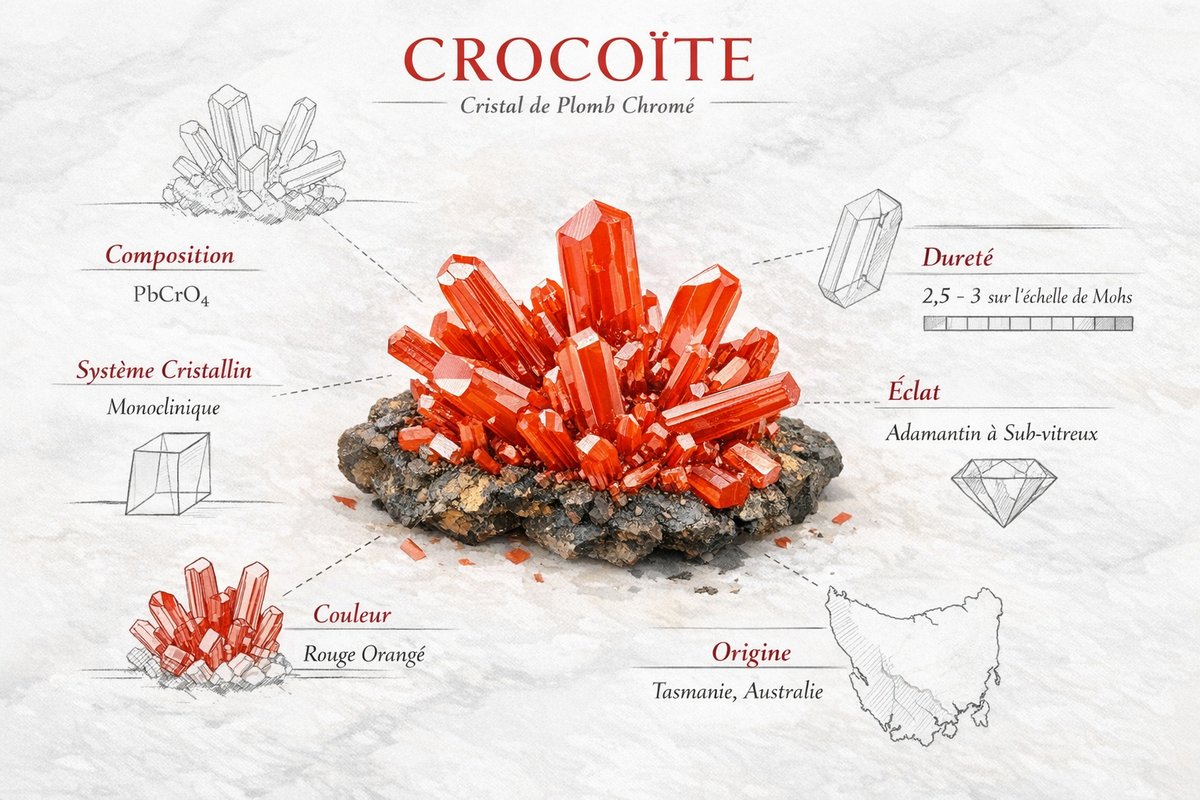 Crocoïte : découvrez ses secrets fascinants et vertus inestimables Infographie sur les propriétés de la crocoïte