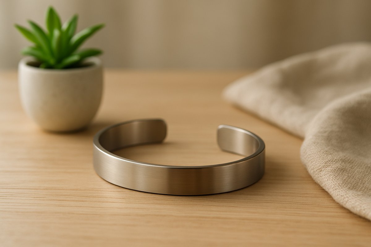 Bracelet en titane sur fond de bois
