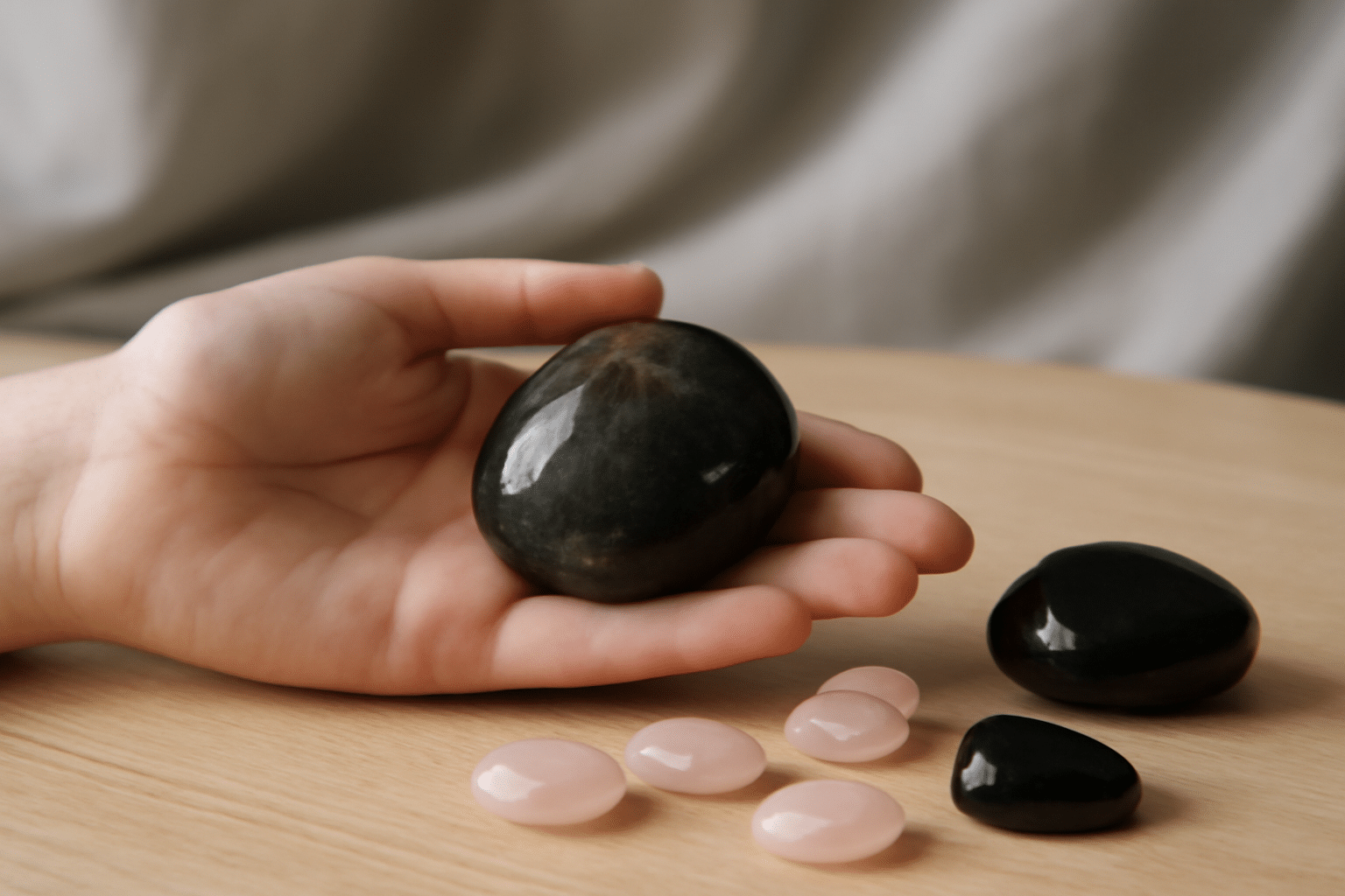 Pierre de lune noire-quartz rose-obsidienne