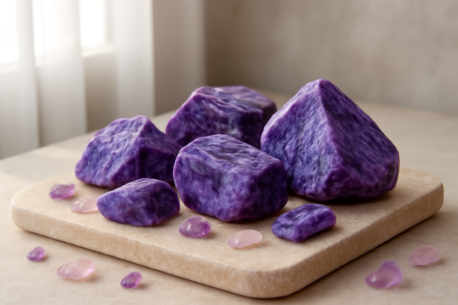 Charoïte : vertus, propriétés et bienfaits essentiels Charoïte-Améthyste-Quartz Rose