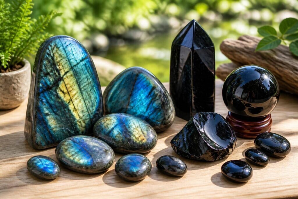 Un arrangement élégant de pierres de labradorite et d'obsidienne sur une surface en bois clair, mettant en valeur leurs textures uniques sous la lumière du jour.