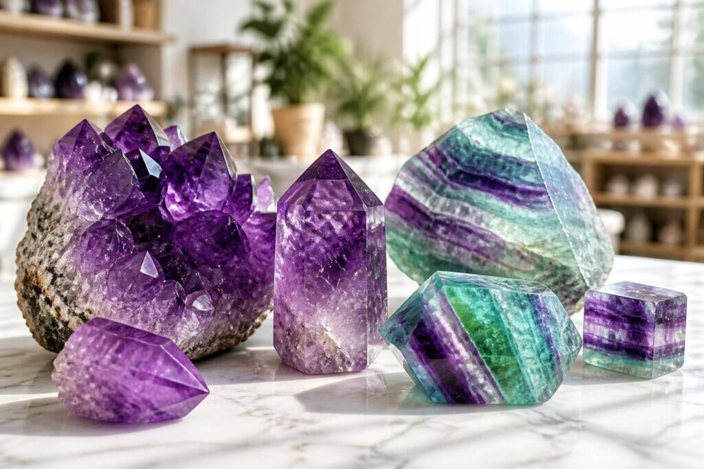 Un magnifique ensemble de cristaux d'améthyste et de fluorite sur une surface de marbre clair, illuminé par la lumière du jour, met en valeur leurs couleurs et textures uniques.