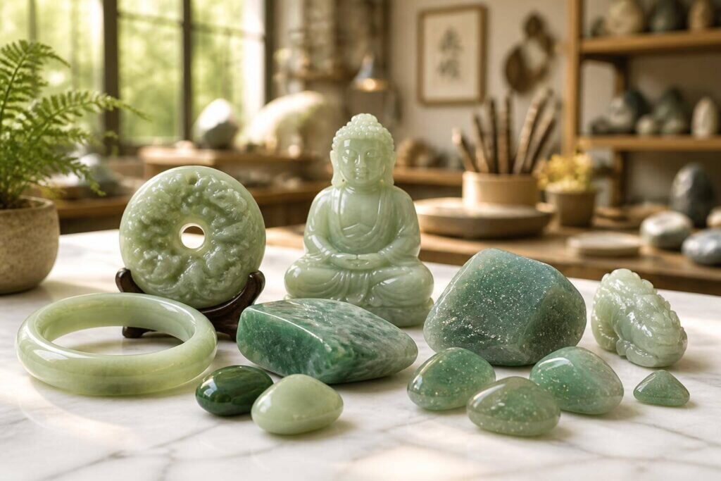 Une magnifique présentation de pierres de jade et d'aventurine sur une surface en marbre clair, illuminée par une lumière naturelle douce, mettant en valeur leurs textures et couleurs uniques.