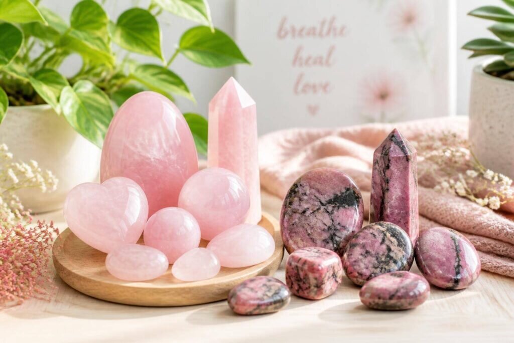 Un bel arrangement de quartz rose et de rhodonite sur une surface en bois clair, illuminé par une lumière naturelle qui met en valeur leurs teintes roses délicates.