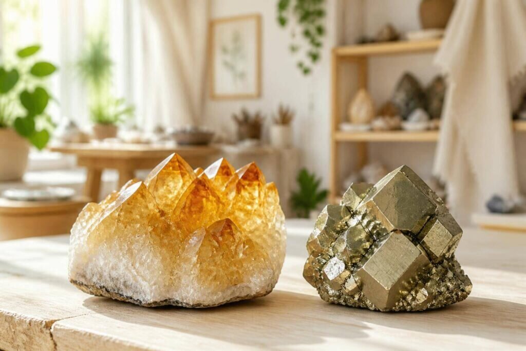 Une élégante disposition de citrine et de pyrite sur une surface en bois clair, illuminée par la lumière du jour dans un atelier artisanal accueillant.