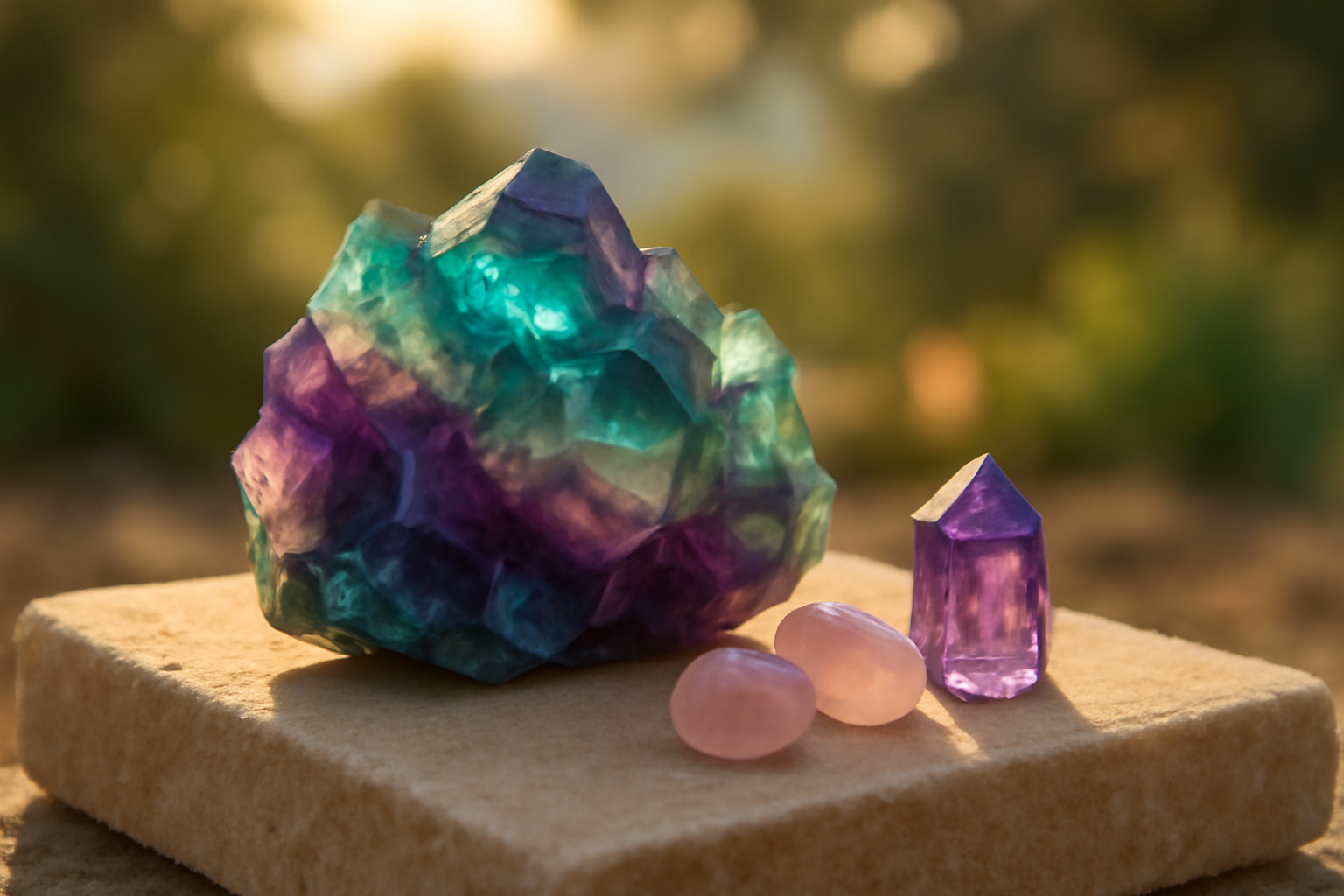 Fluorite arc-en-ciel vertus et secrets énergétiques Fluorite Arc-en-ciel-Quartz Rose-Améthyste