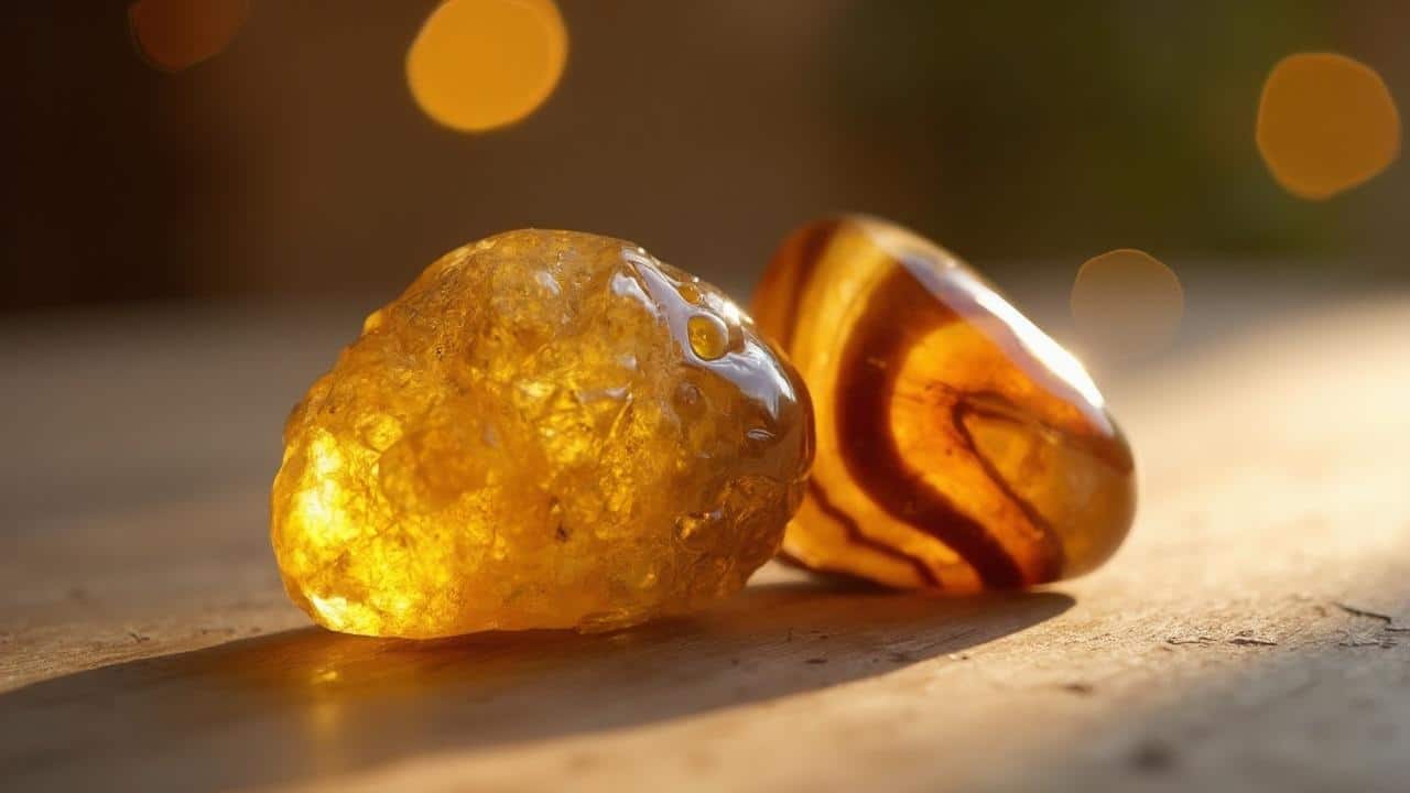 Pierres d'ambre doré Deux pierres d'ambre jaune brillantes sur un plan en bois