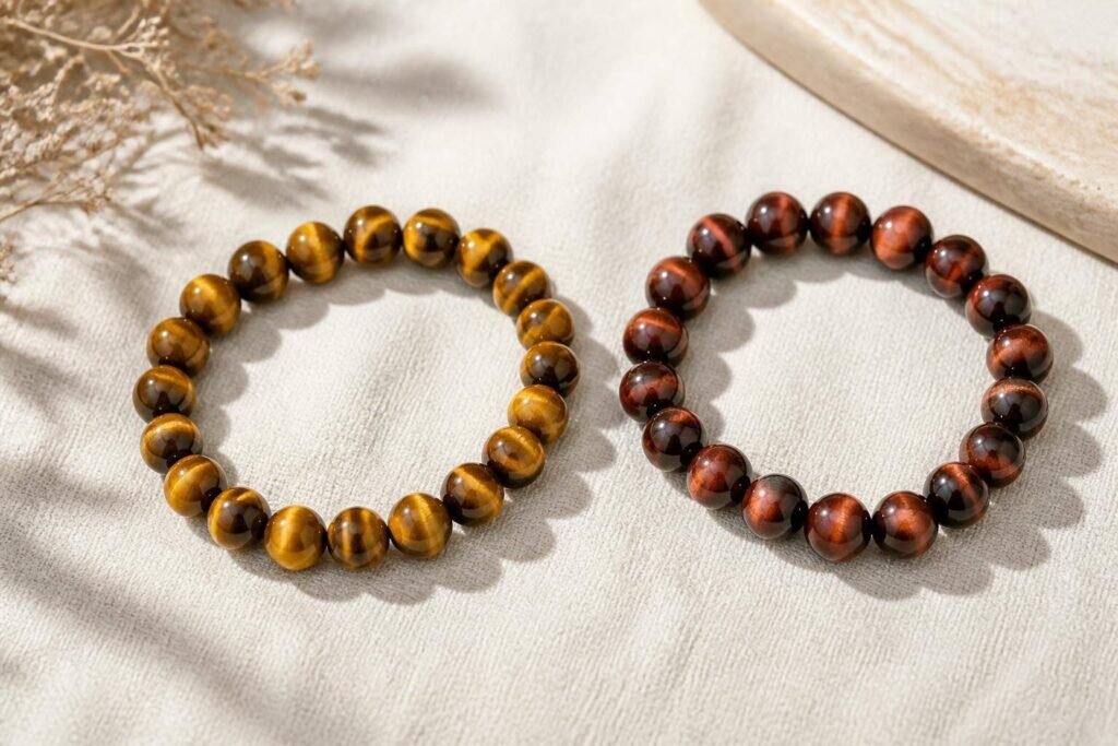Photographie professionnelle de deux bracelets de luxe en oeil de tigre et oeil de taureau, mettant en valeur leur éclat naturel sur une surface en lin texturée.