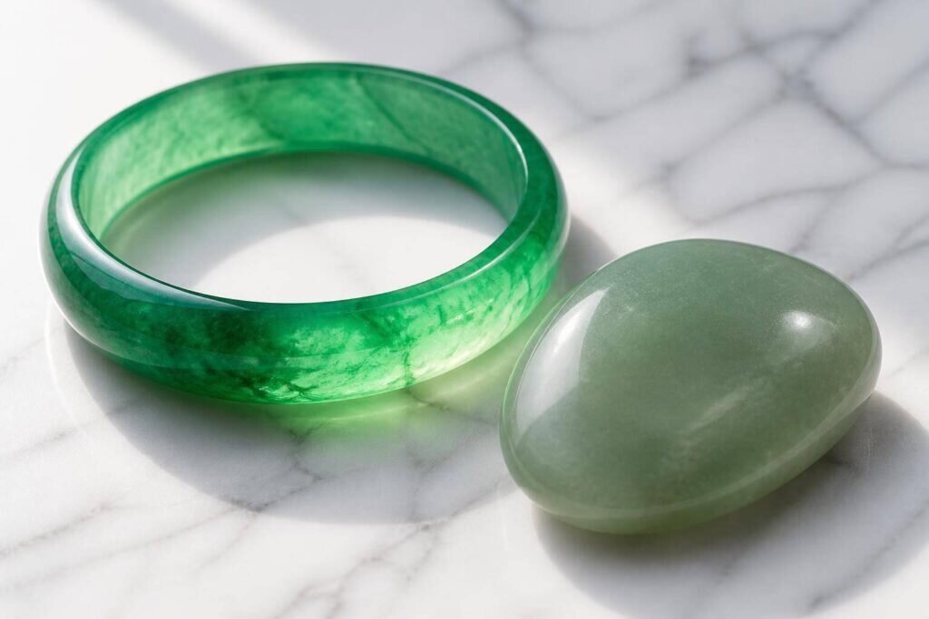 Photographie de produits haut de gamme présentant un bracelet en jade jadéite vert émeraude translucide et une pierre lisse en jade néphrite vert sauge sur une surface en marbre blanc.