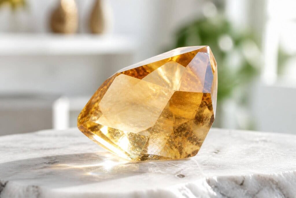 Une photographie macro d'un cristal de citrine poli sur une surface de marbre, illustrant pourquoi les pierres brillent grâce aux reflets cristallins et à la lumière naturelle du matin.
