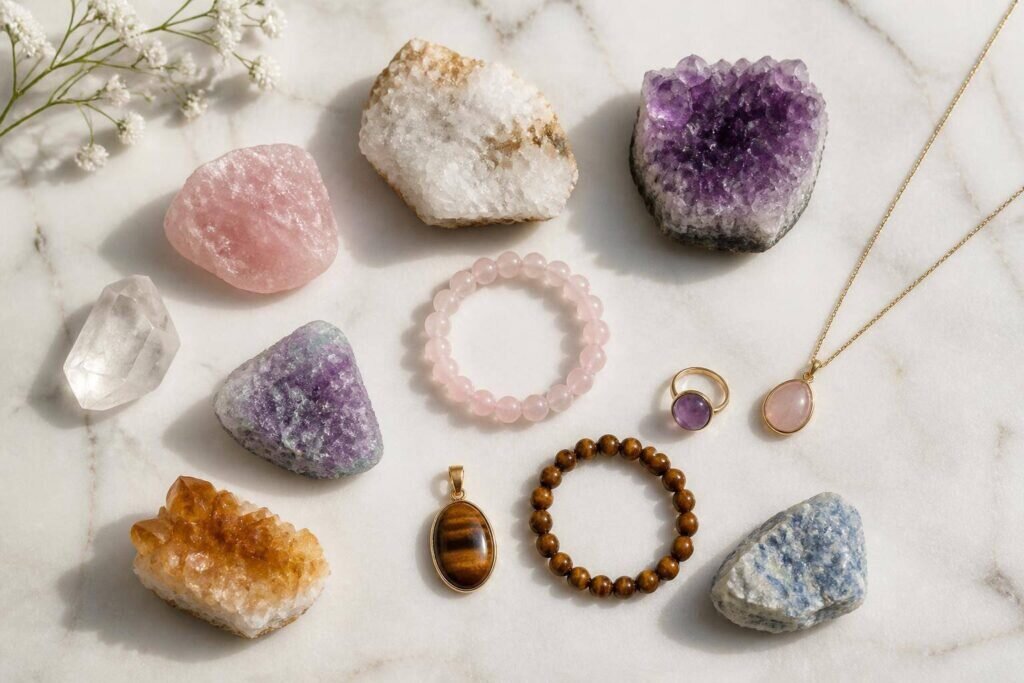 Cette photo montre un assortiment de minéraux bruts et de bijoux en pierres précieuses polis, illustrant pourquoi certaines pierres sont toxiques en raison de leurs compositions naturelles.