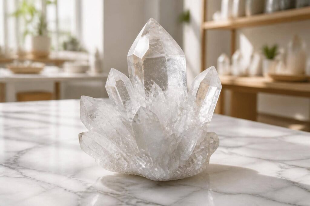 Cette photographie professionnelle met en valeur un amas de cristaux de quartz translucides sur une surface de marbre blanc, illustrant comment se forment les cristaux grâce à la lumière naturelle qui souligne leurs facettes géométriques.