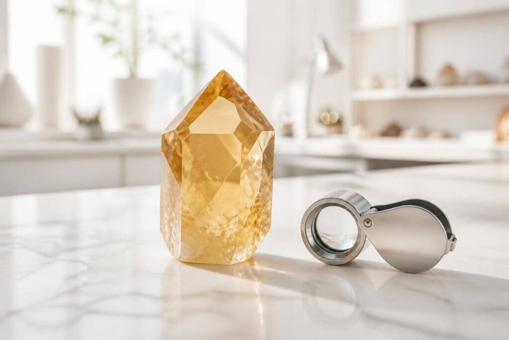 Découvrez comment reconnaître un cristal grâce à cette photographie macro professionnelle d'un cristal de citrine de haute qualité sur une surface en marbre blanc, avec une loupe de bijoutier moderne à proximité.