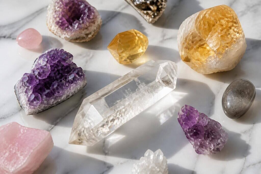 Une vue en plongée montre une collection de minéraux bruts et polis, dont un quartz clair, une améthyste et une citrine, disposés sur du marbre de Carrare, illustrant qu'est-ce qu'un minéral.