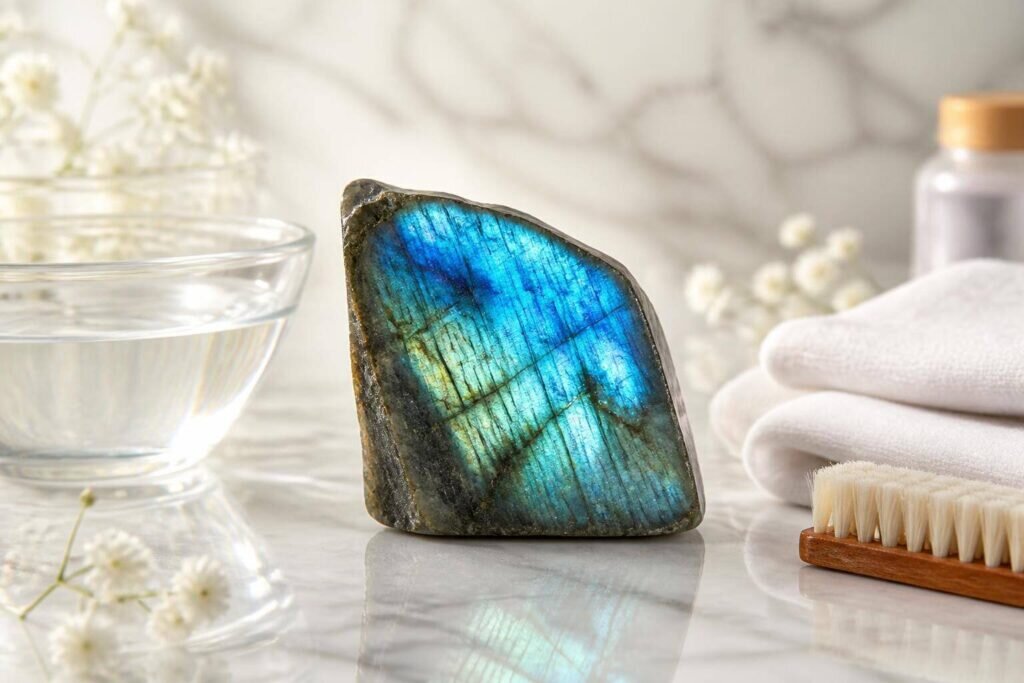 Une image photo-réaliste de labradorite sur une surface réfléchissante, entourée d'outils de nettoyage, soulève la question : peut-on mettre la labradorite dans l'eau ?