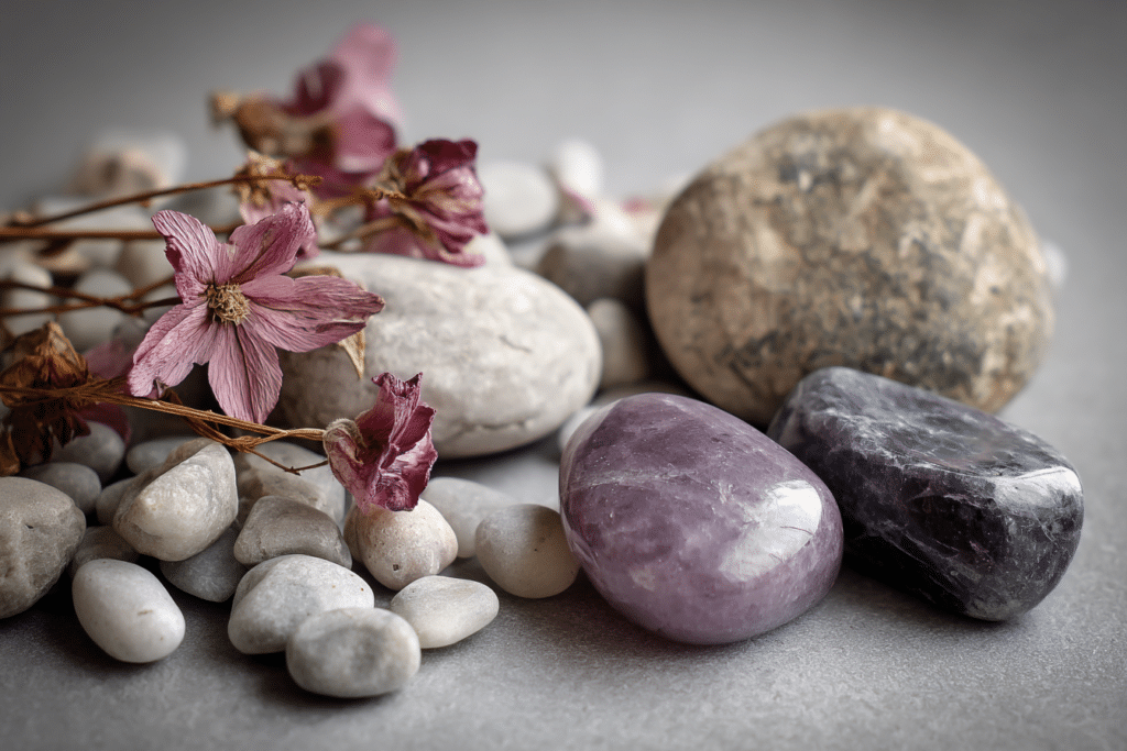 Composition zen lépidolite brillante sur fond de galets, fleurs séchées et lumière douce, symbole de calme et d’équilibre émotionnel Composition zen lépidolite brillante sur fond de galets, fleurs séchées et lumière douce, symbole de calme et d’équilibre émotionnel