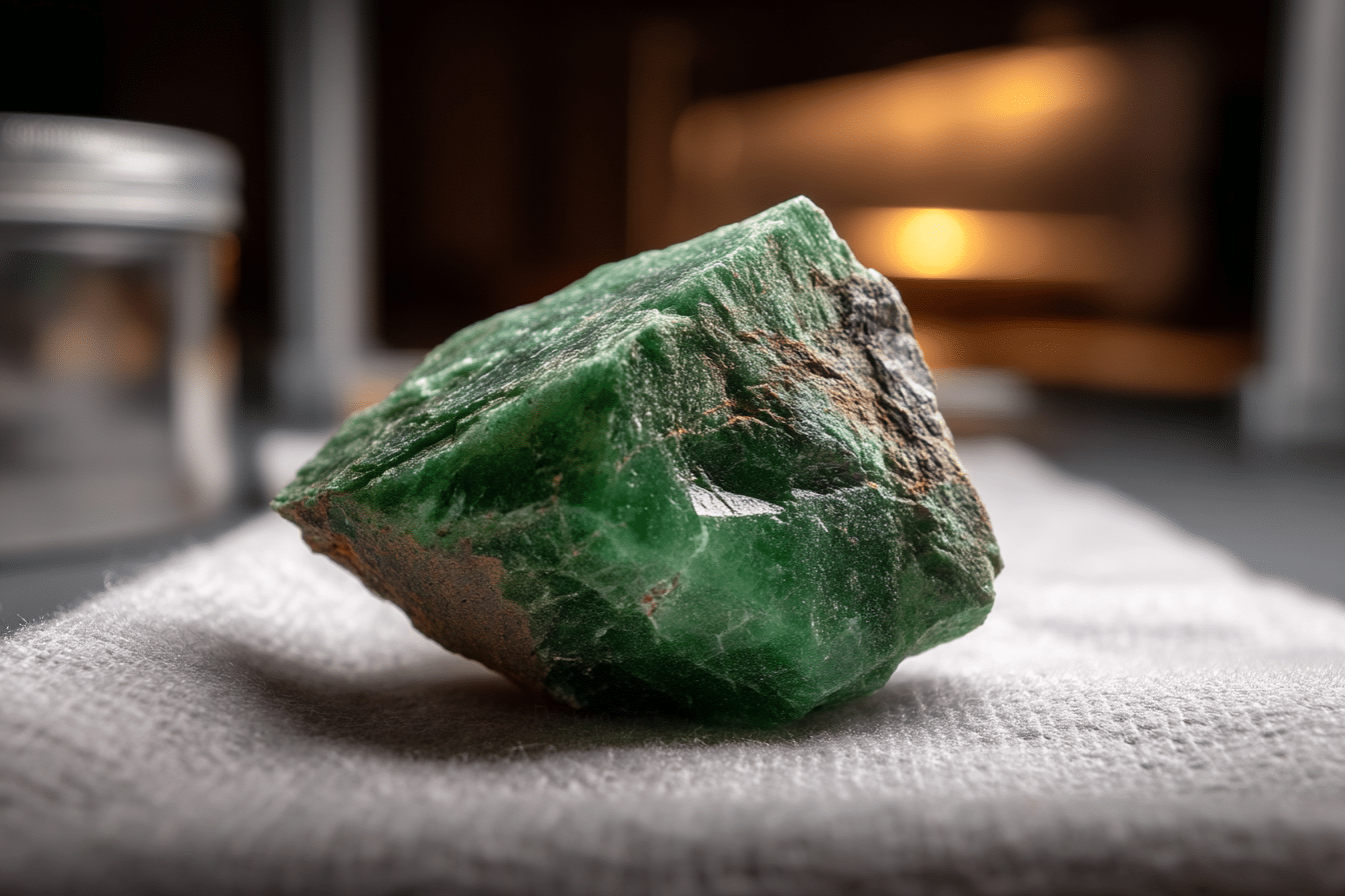Jadéite propriétés : bienfaits et vertus pour votre bien-être naturel Gros plan sur une pierre de jadéite verte naturelle posée sur un lit de mousse sous lumière douce et naturelle