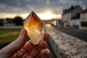 Main tenant une pierre de citrine sur fond de coucher de soleil symbolisant la confiance intérieure et la spiritualité