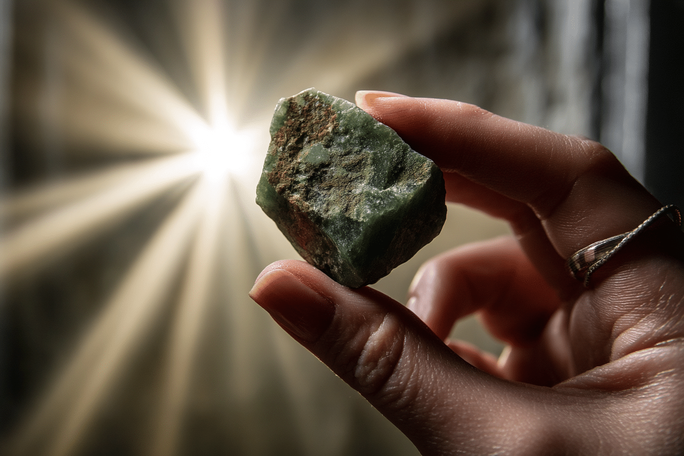 Jadéite propriétés : bienfaits et vertus pour votre bien-être naturel Mains serrant une pierre de jadéite verte, sur un fond lumineux symbolisant l'énergie et la vitalité