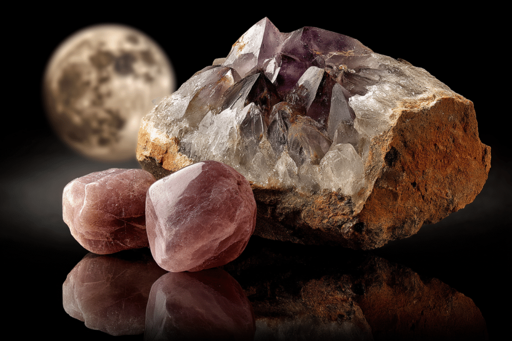 Pierre de lépidolite placée sur une géode d’améthyste sous la pleine lune, avec reflets lumineux subtils dans l’obscurité Pierre de lépidolite placée sur une géode d’améthyste sous la pleine lune, avec reflets lumineux subtils dans l’obscurité