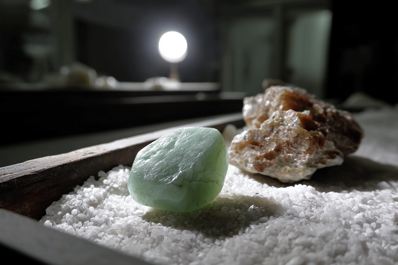 Jadéite propriétés : bienfaits et vertus pour votre bien-être naturel Pierre precieuse sous la lumiere de la lune posee sur un lit de sel naturel pour purification