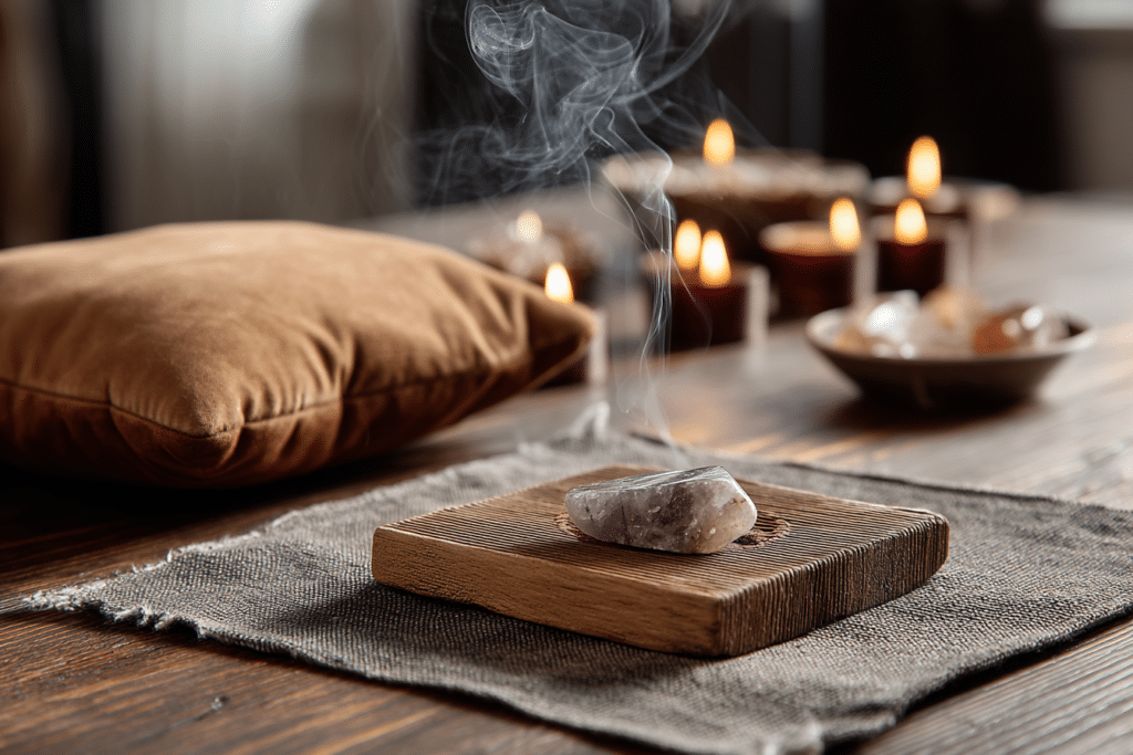 Table de méditation avec une lépidolite posée au centre, encens fumant, coussin de méditation et bougies allumées en arrière-plan Table de méditation avec une lépidolite posée au centre, encens fumant, coussin de méditation et bougies allumées en arrière-plan