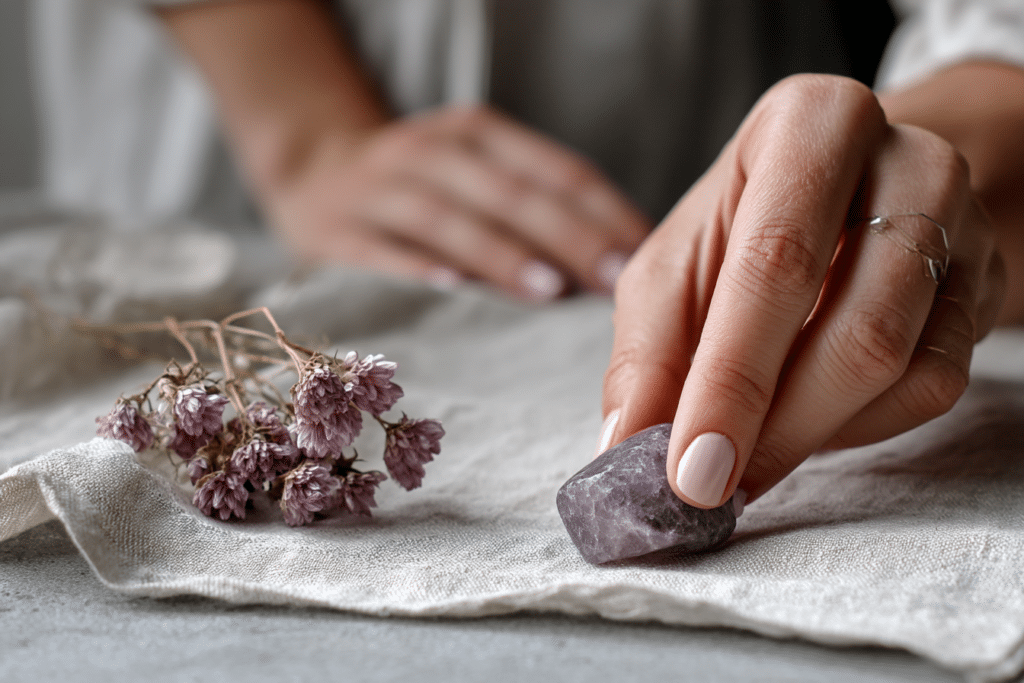 Une main féminine posant délicatement une pierre de lépidolite violette sur un tissu blanc, ambiance apaisante et spirituelle Une main féminine posant délicatement une pierre de lépidolite violette sur un tissu blanc, ambiance apaisante et spirituelle