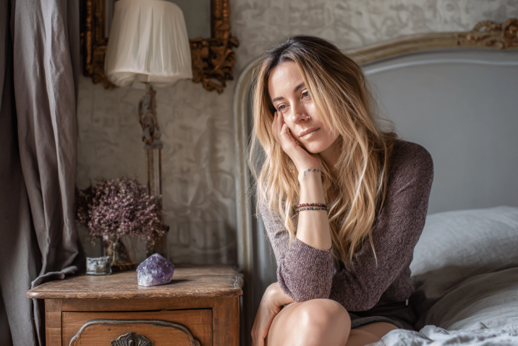 femme dans une chambre à coucher, avec une lépidolite posée sur la table de chevet femme dans une chambre à coucher, avec une lépidolite posée sur la table de chevet